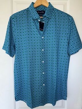 Mizzen+Main NWT Halyard No-Tuck Short-Sleeve Dress Shirt in Teal Kaleidoscope